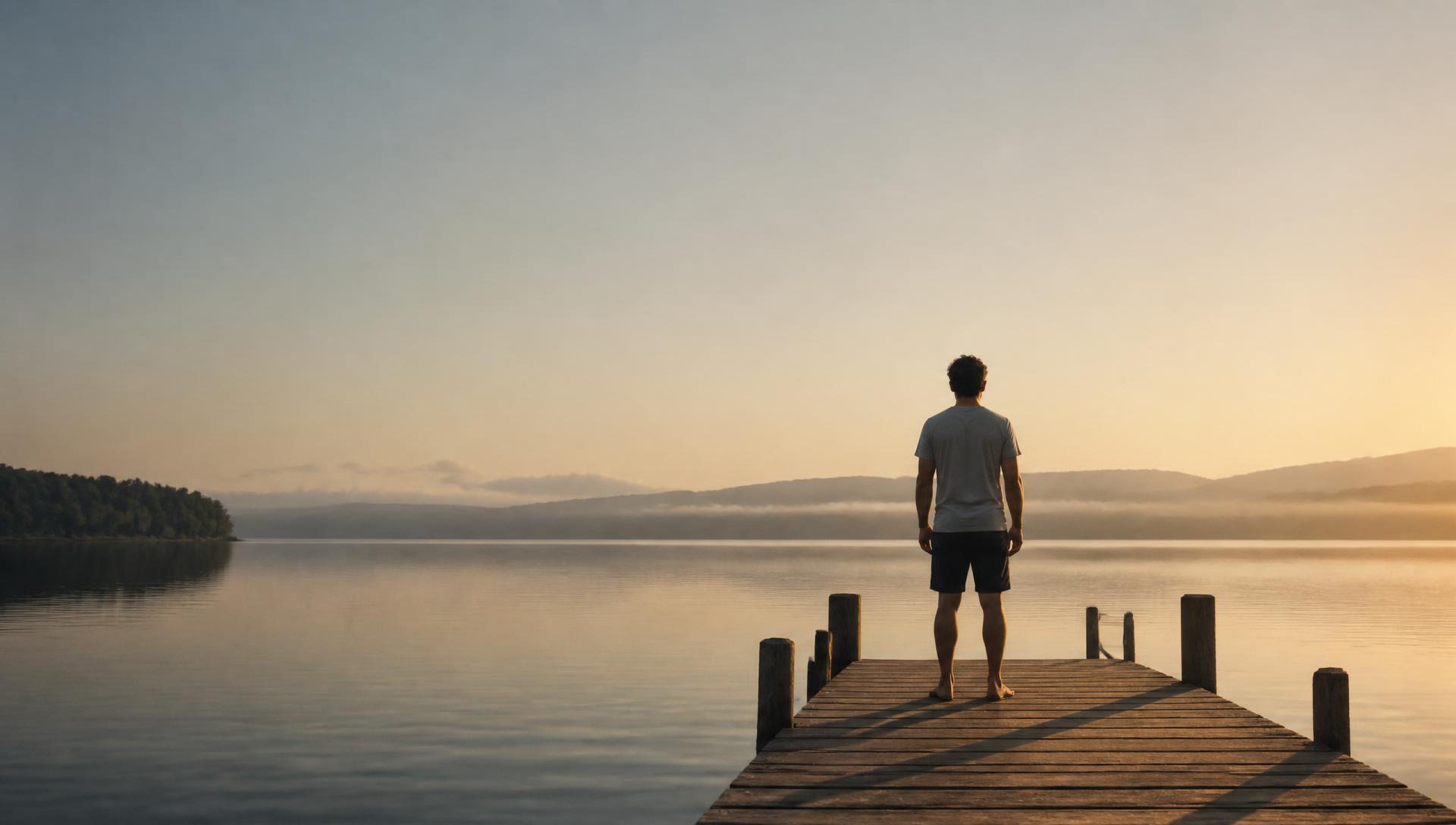 A person standing at the end of a wooden jetty at dawn, looking out over calm water toward distant hills.